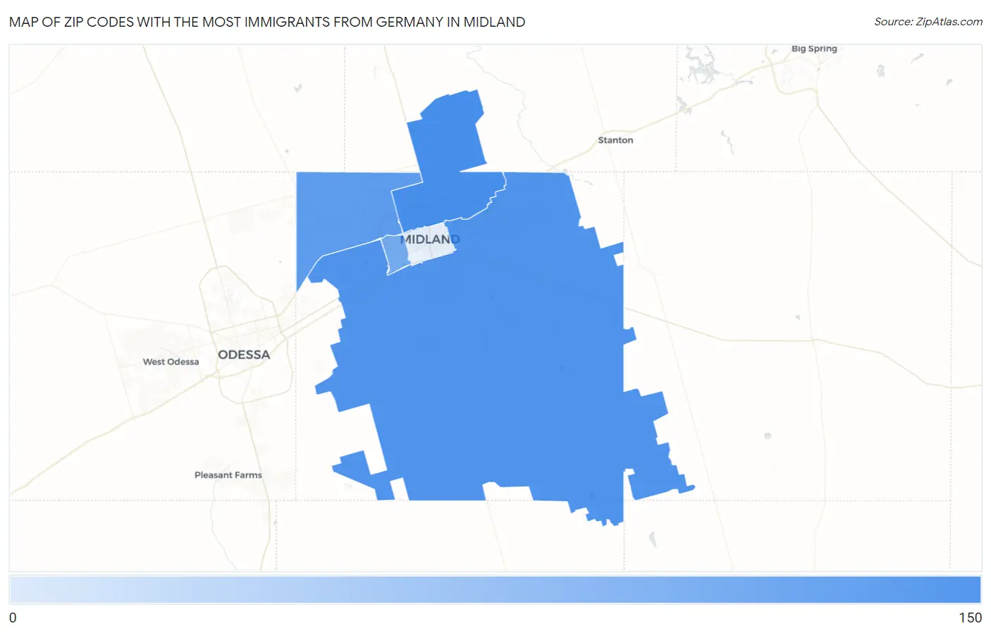 Zip Codes with the Most Immigrants from Germany in Midland Map