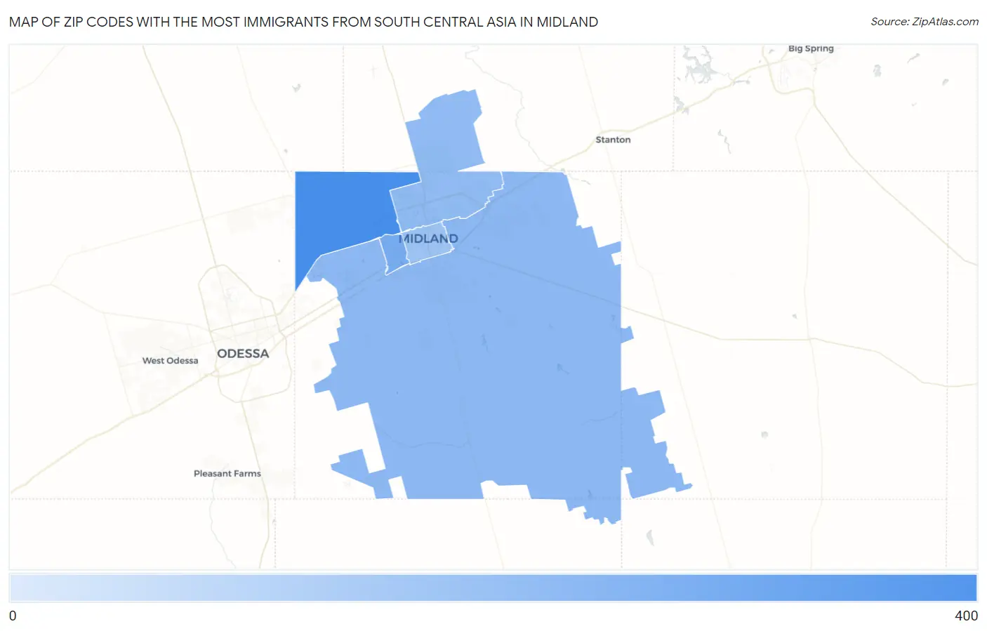 Zip Codes with the Most Immigrants from South Central Asia in Midland Map
