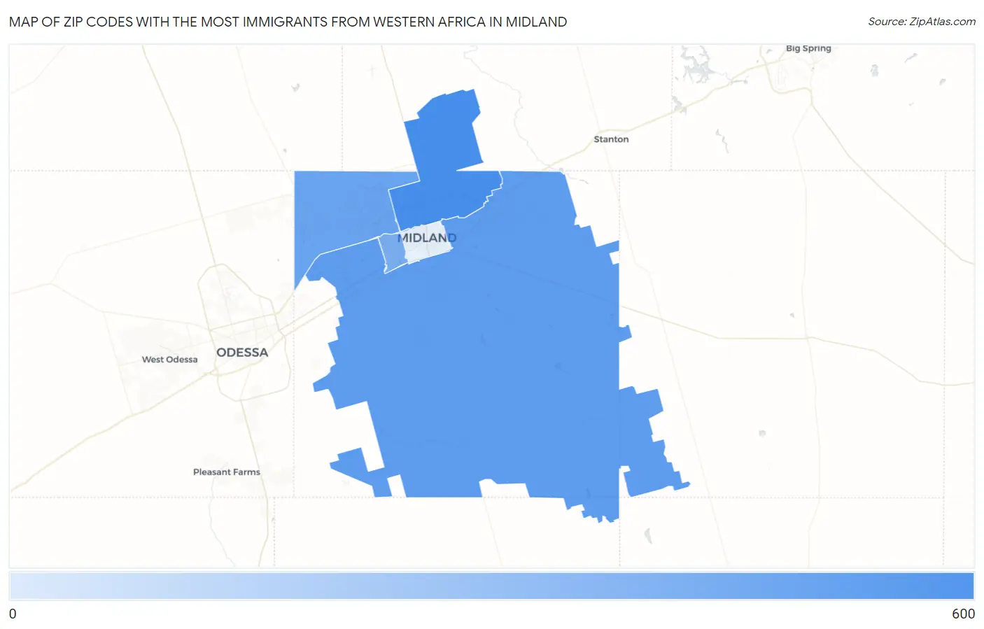Zip Codes with the Most Immigrants from Western Africa in Midland Map