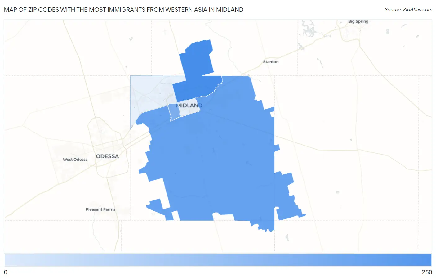 Zip Codes with the Most Immigrants from Western Asia in Midland Map