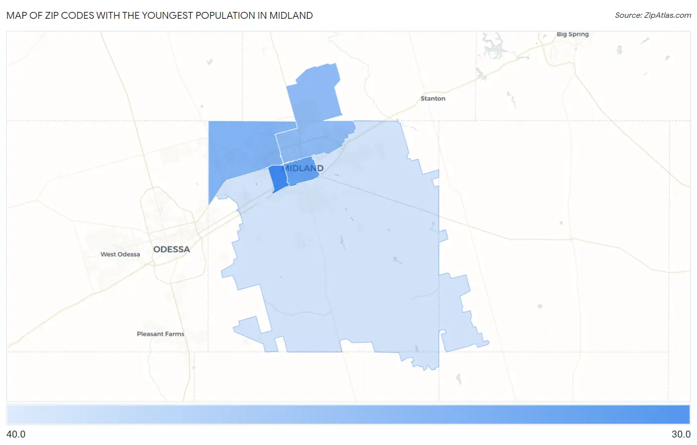Zip Codes with the Youngest Population in Midland Map