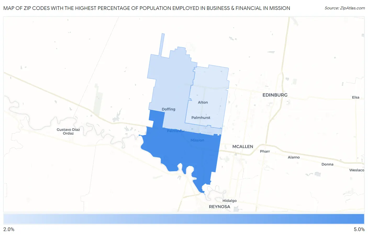 Zip Codes with the Highest Percentage of Population Employed in Business & Financial in Mission Map