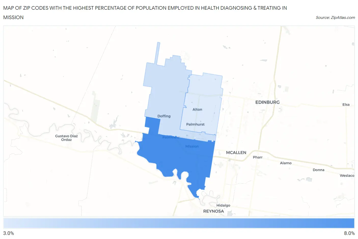 Zip Codes with the Highest Percentage of Population Employed in Health Diagnosing & Treating in Mission Map