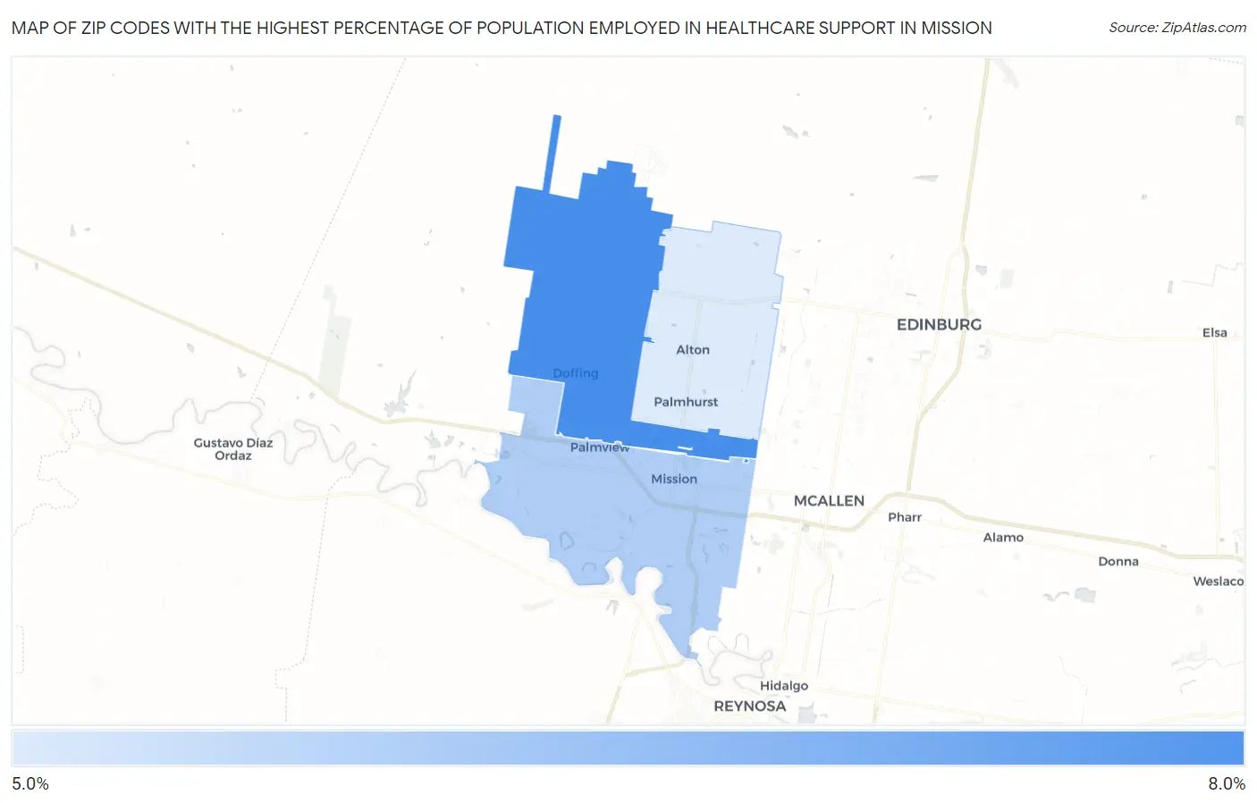Zip Codes with the Highest Percentage of Population Employed in Healthcare Support in Mission Map