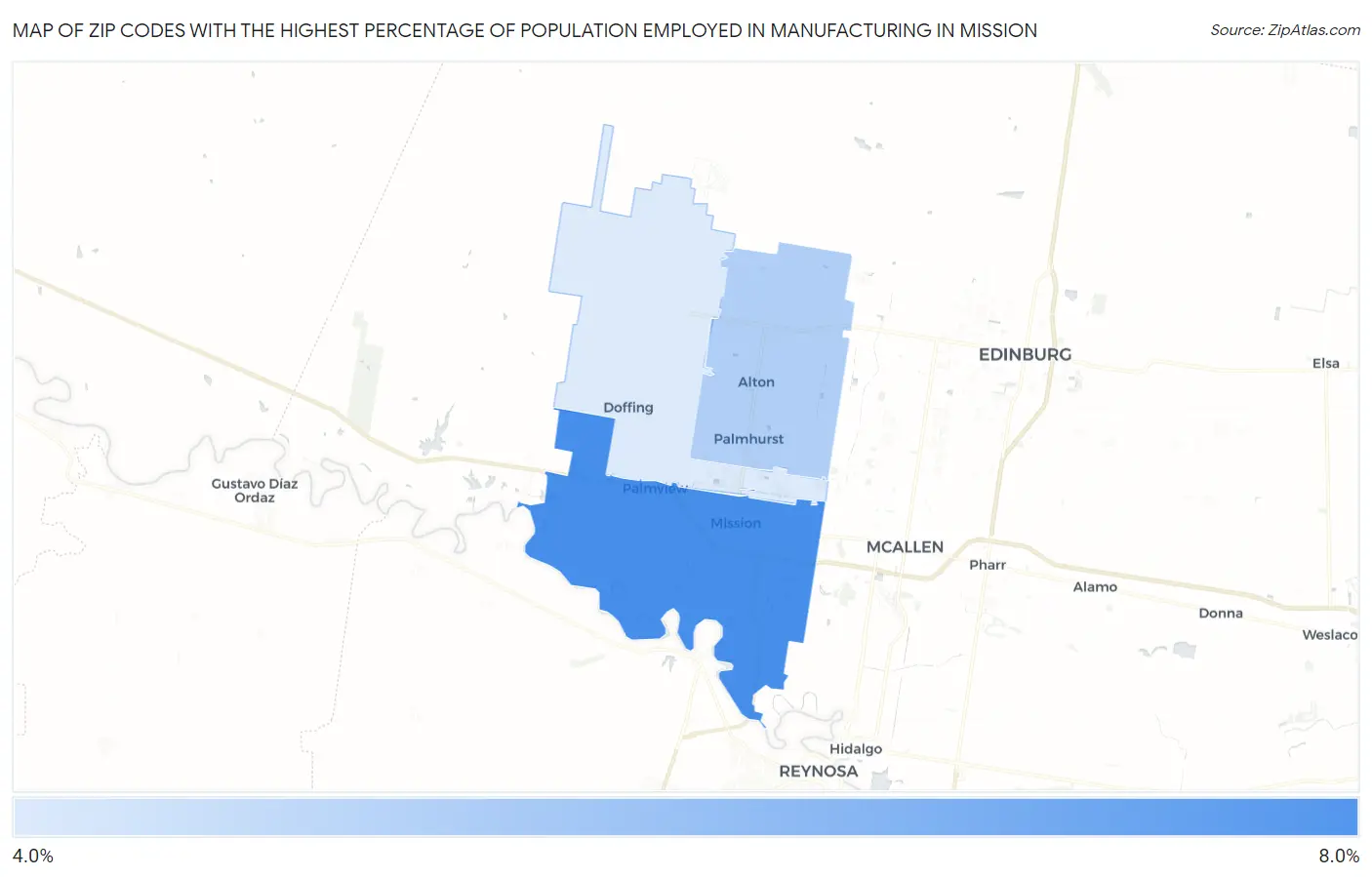 Zip Codes with the Highest Percentage of Population Employed in Manufacturing in Mission Map