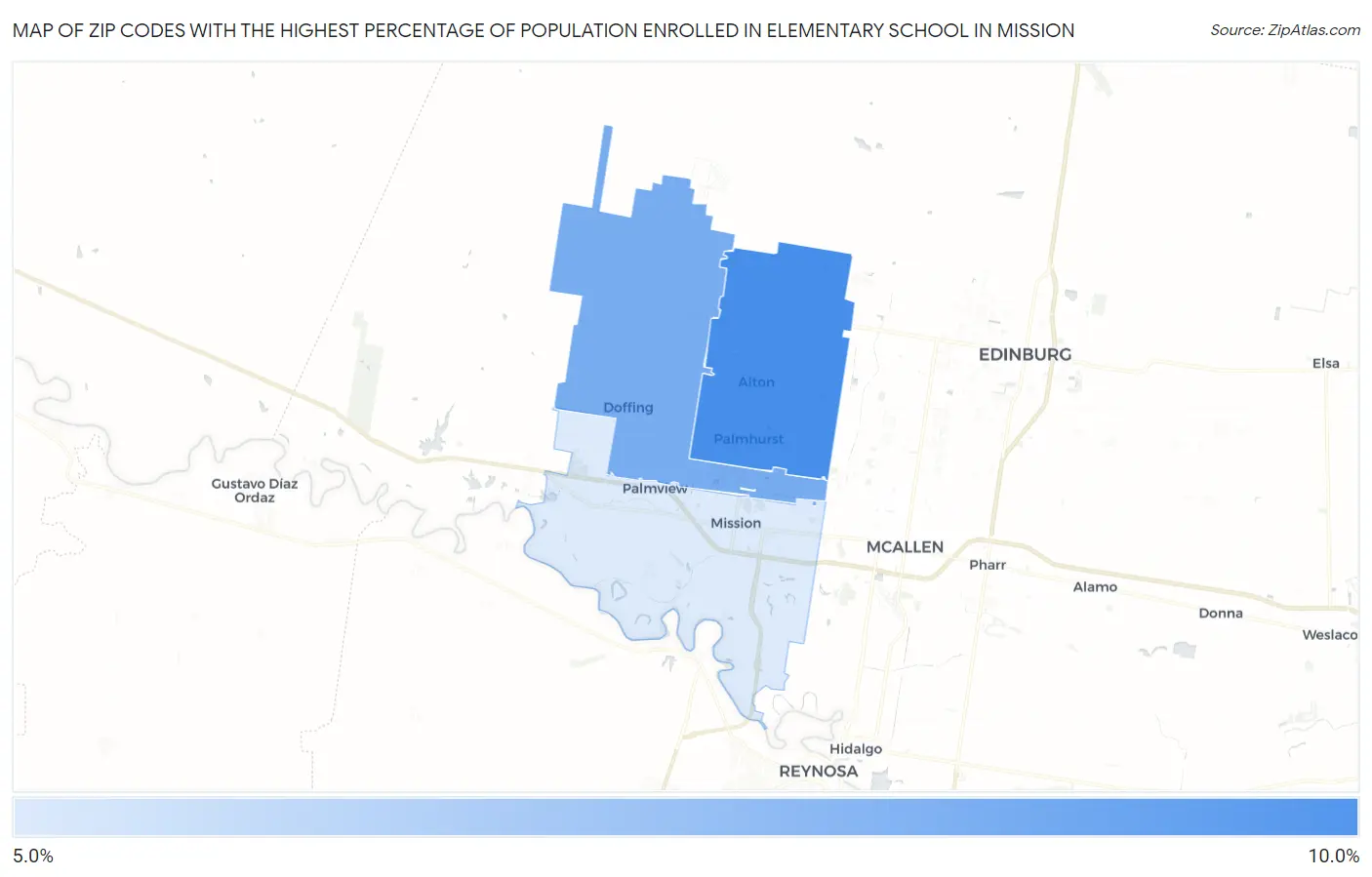 Zip Codes with the Highest Percentage of Population Enrolled in Elementary School in Mission Map