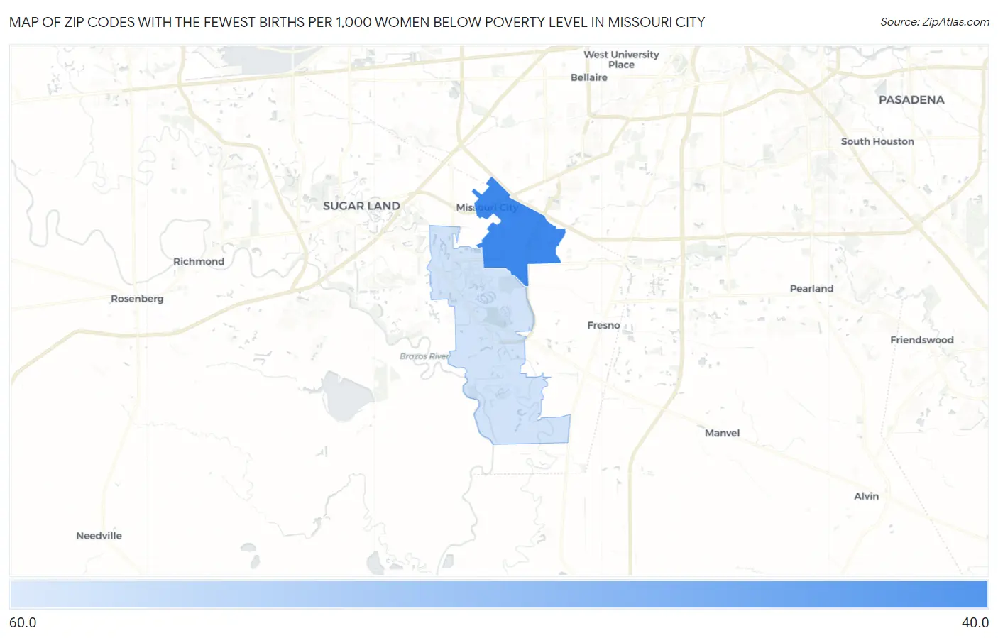 Zip Codes with the Fewest Births per 1,000 Women Below Poverty Level in Missouri City Map