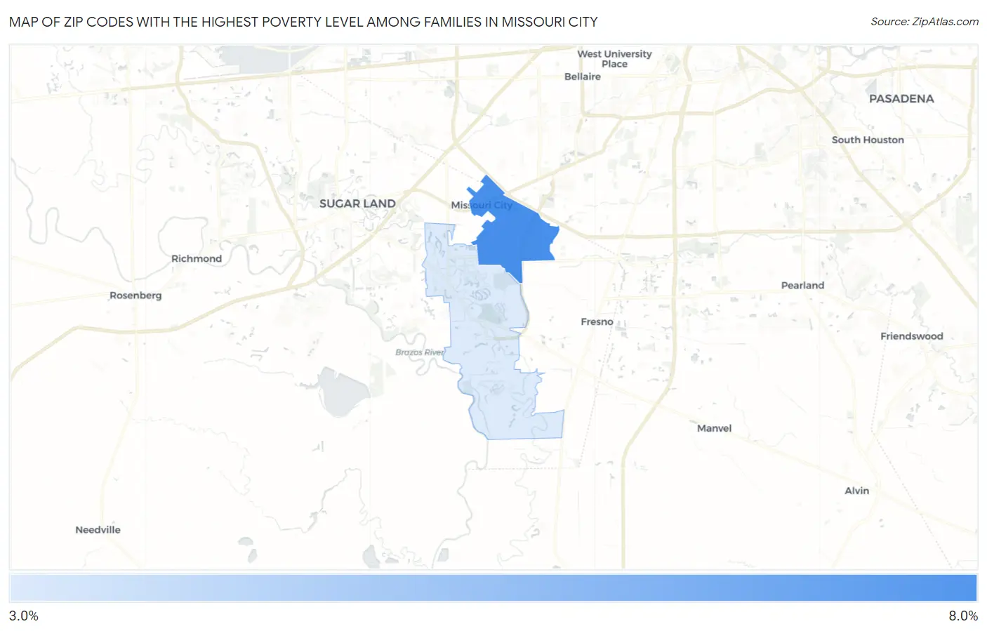Zip Codes with the Highest Poverty Level Among Families in Missouri City Map