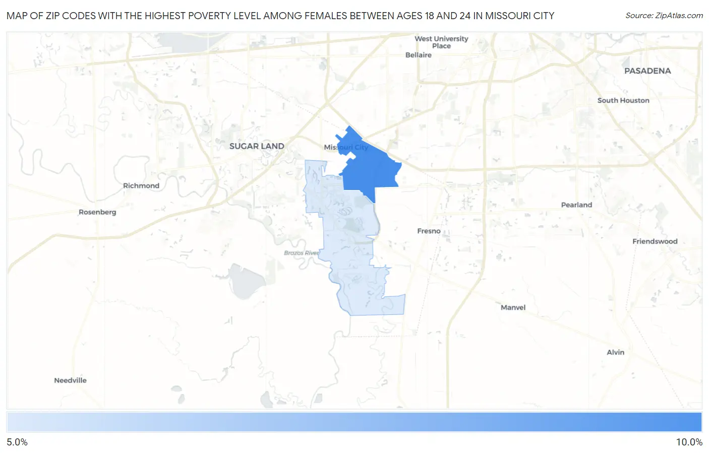 Zip Codes with the Highest Poverty Level Among Females Between Ages 18 and 24 in Missouri City Map