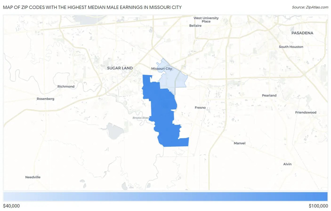 Zip Codes with the Highest Median Male Earnings in Missouri City Map
