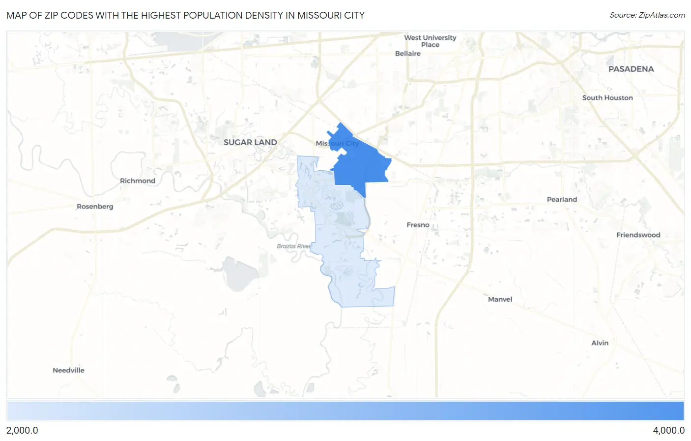 Zip Codes with the Highest Population Density in Missouri City Map