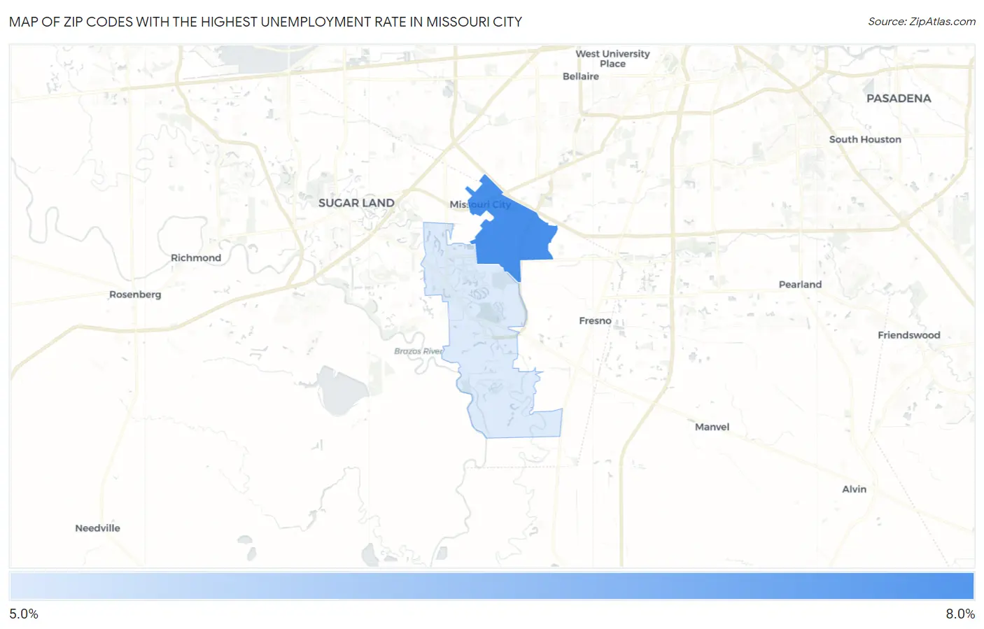 Zip Codes with the Highest Unemployment Rate in Missouri City Map