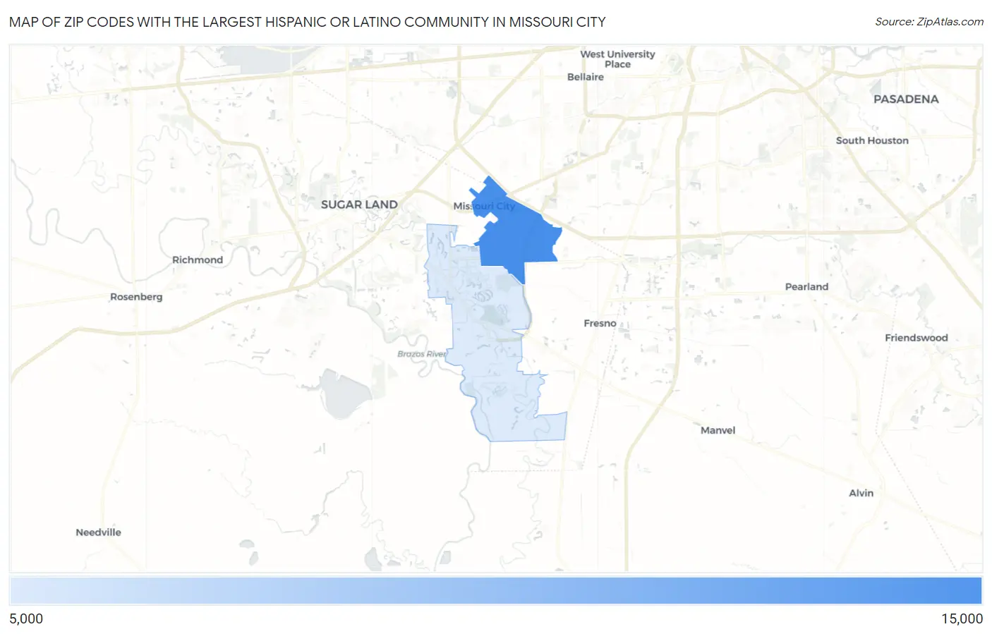 Zip Codes with the Largest Hispanic or Latino Community in Missouri City Map