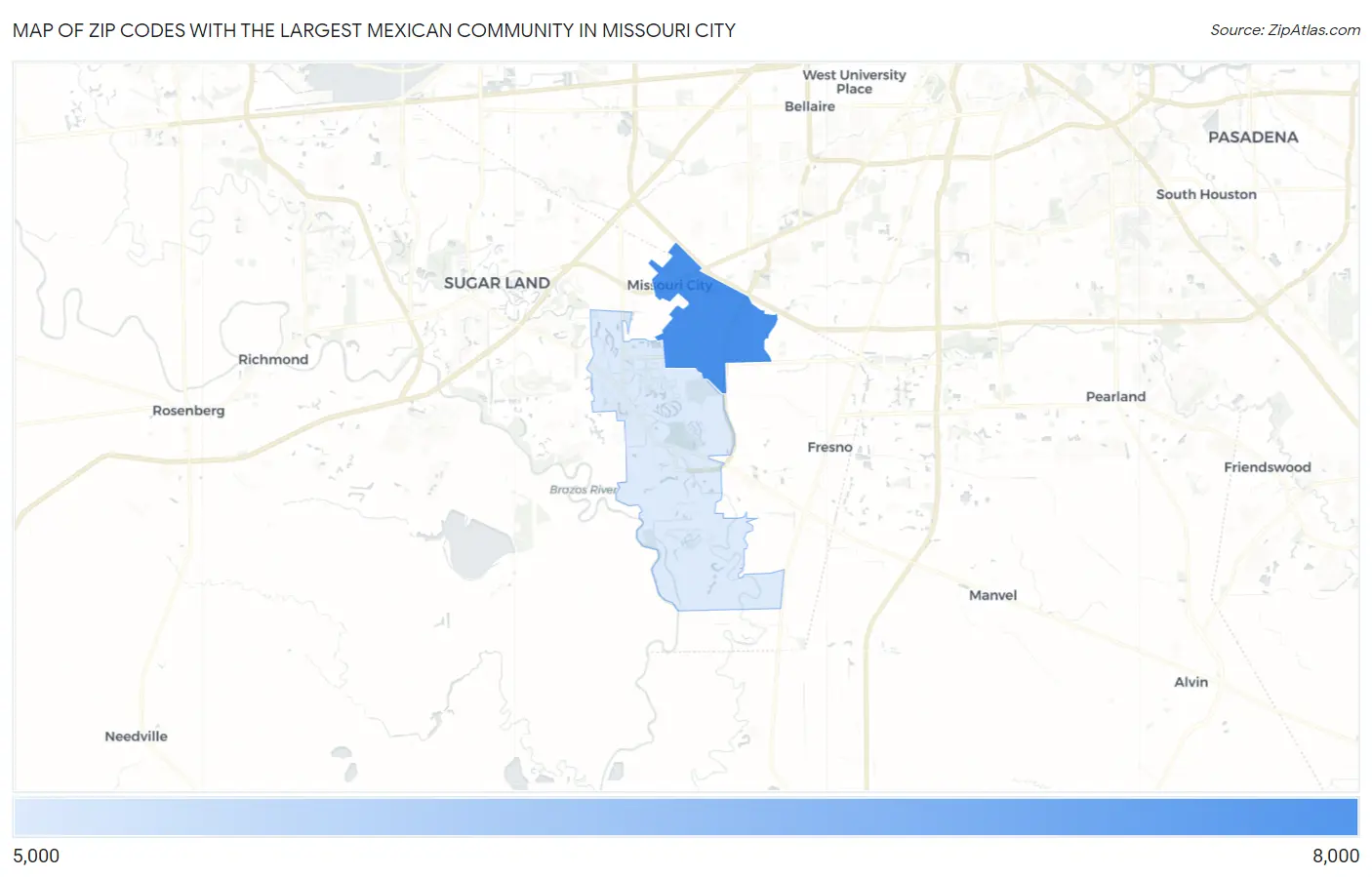 Zip Codes with the Largest Mexican Community in Missouri City Map