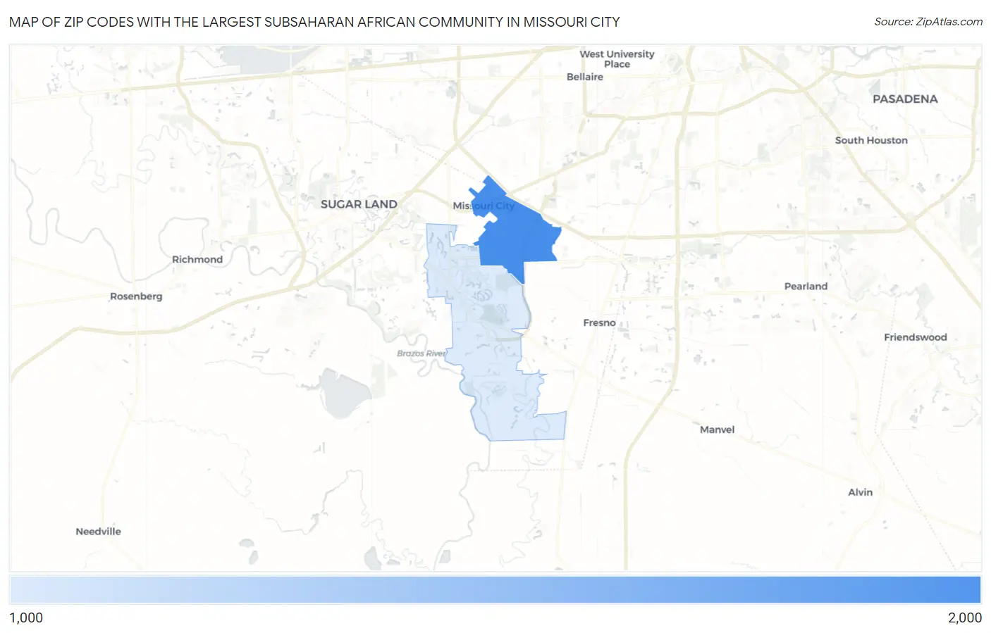 Zip Codes with the Largest Subsaharan African Community in Missouri City Map