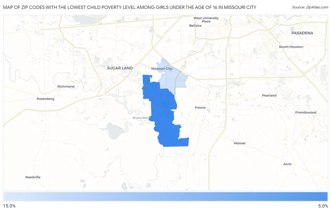 Zip Codes with the Lowest Child Poverty Level Among Girls Under the Age of 16 in Missouri City Map