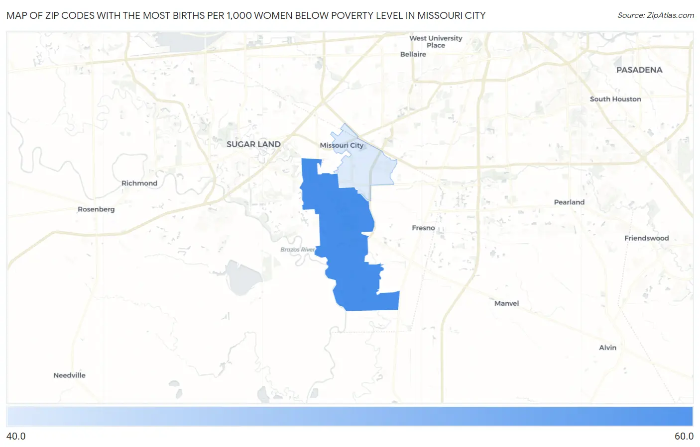Zip Codes with the Most Births per 1,000 Women Below Poverty Level in Missouri City Map