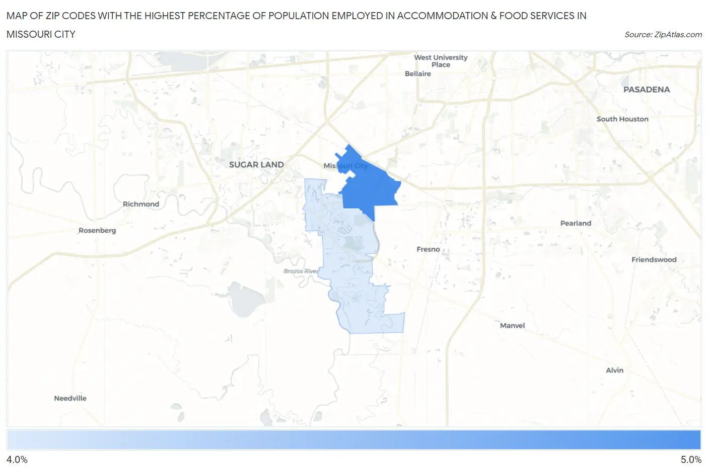 Zip Codes with the Highest Percentage of Population Employed in Accommodation & Food Services in Missouri City Map