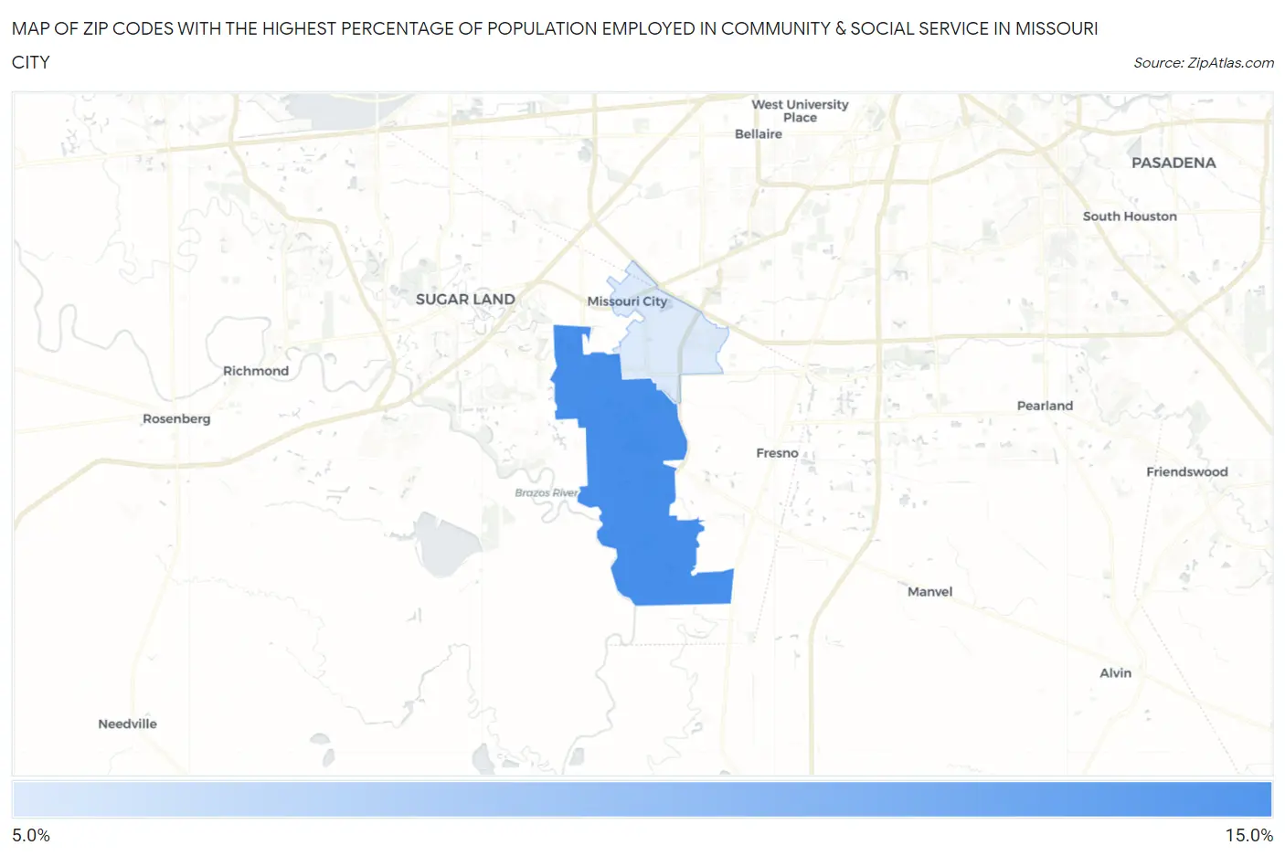 Zip Codes with the Highest Percentage of Population Employed in Community & Social Service  in Missouri City Map