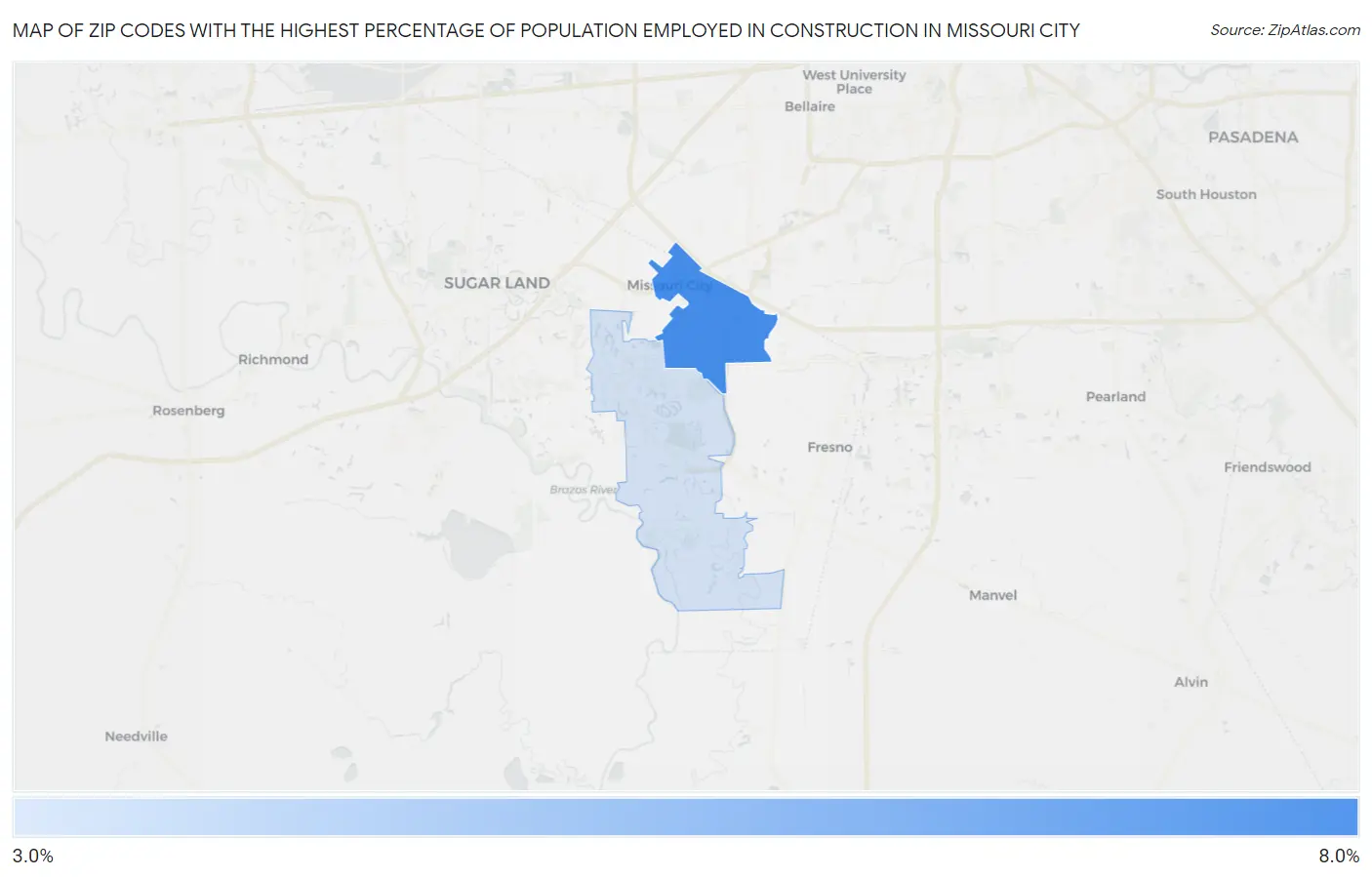 Zip Codes with the Highest Percentage of Population Employed in Construction in Missouri City Map