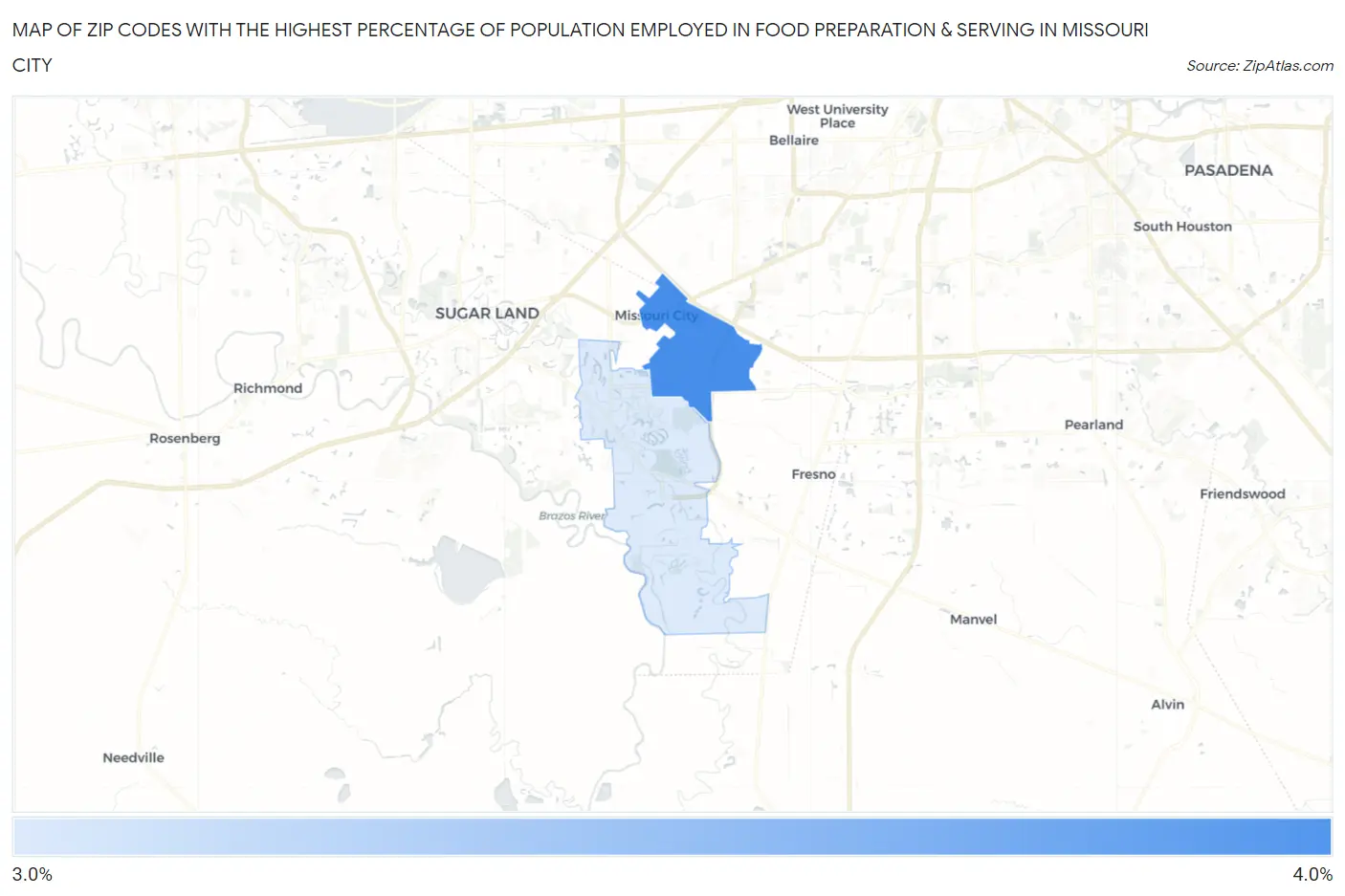 Zip Codes with the Highest Percentage of Population Employed in Food Preparation & Serving in Missouri City Map