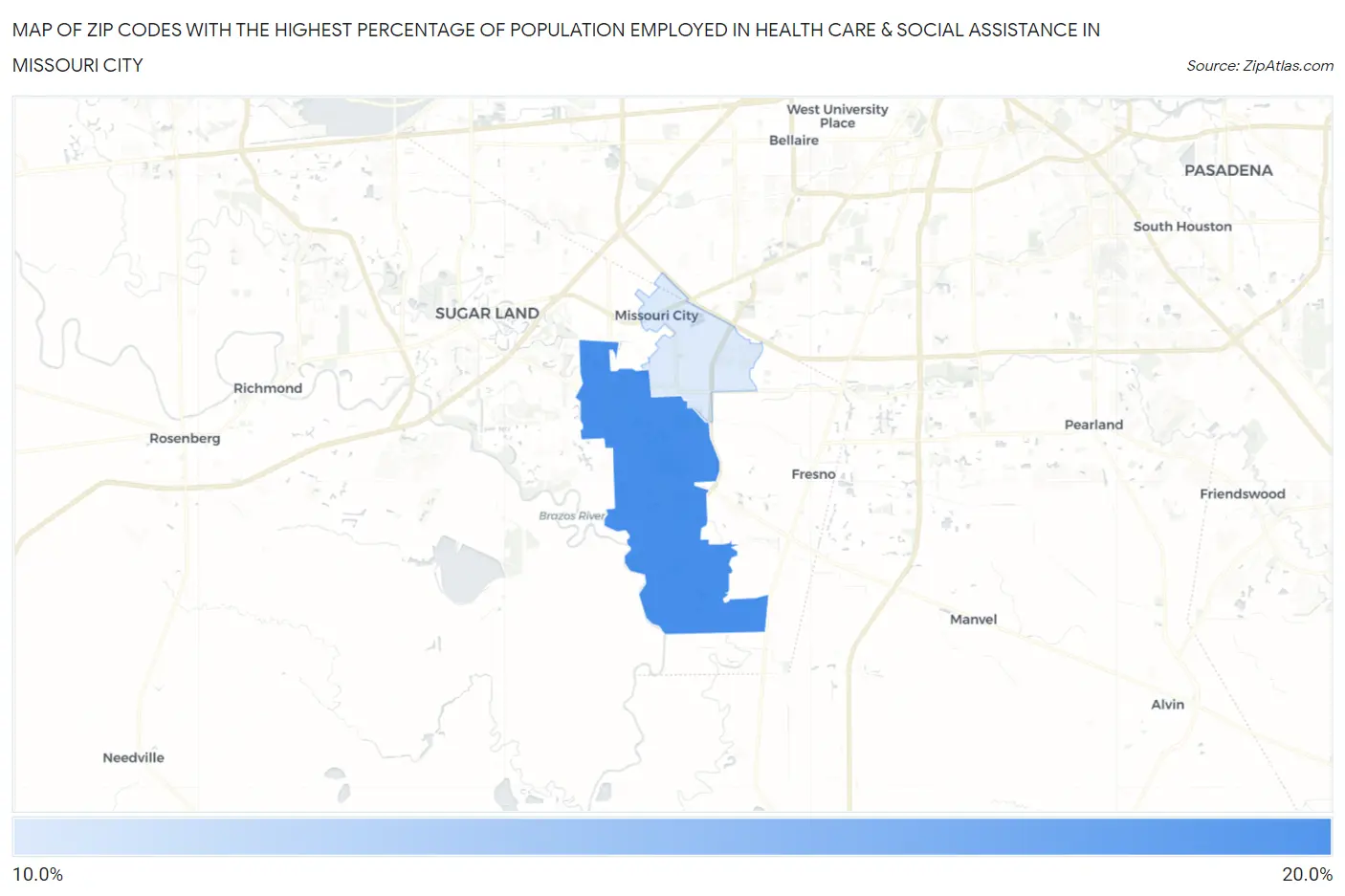 Zip Codes with the Highest Percentage of Population Employed in Health Care & Social Assistance in Missouri City Map