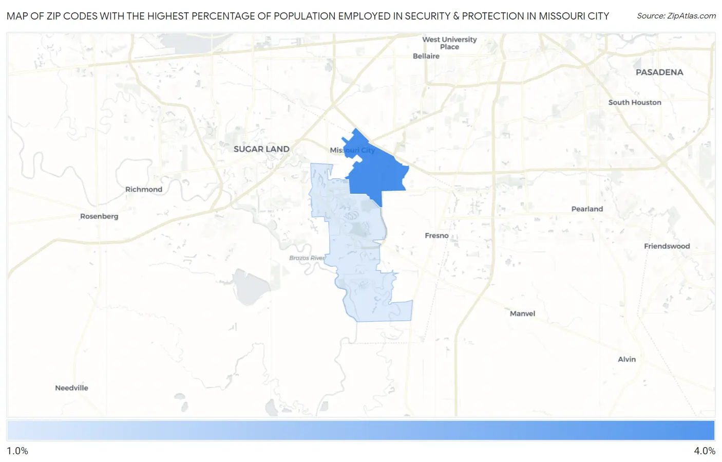 Zip Codes with the Highest Percentage of Population Employed in Security & Protection in Missouri City Map