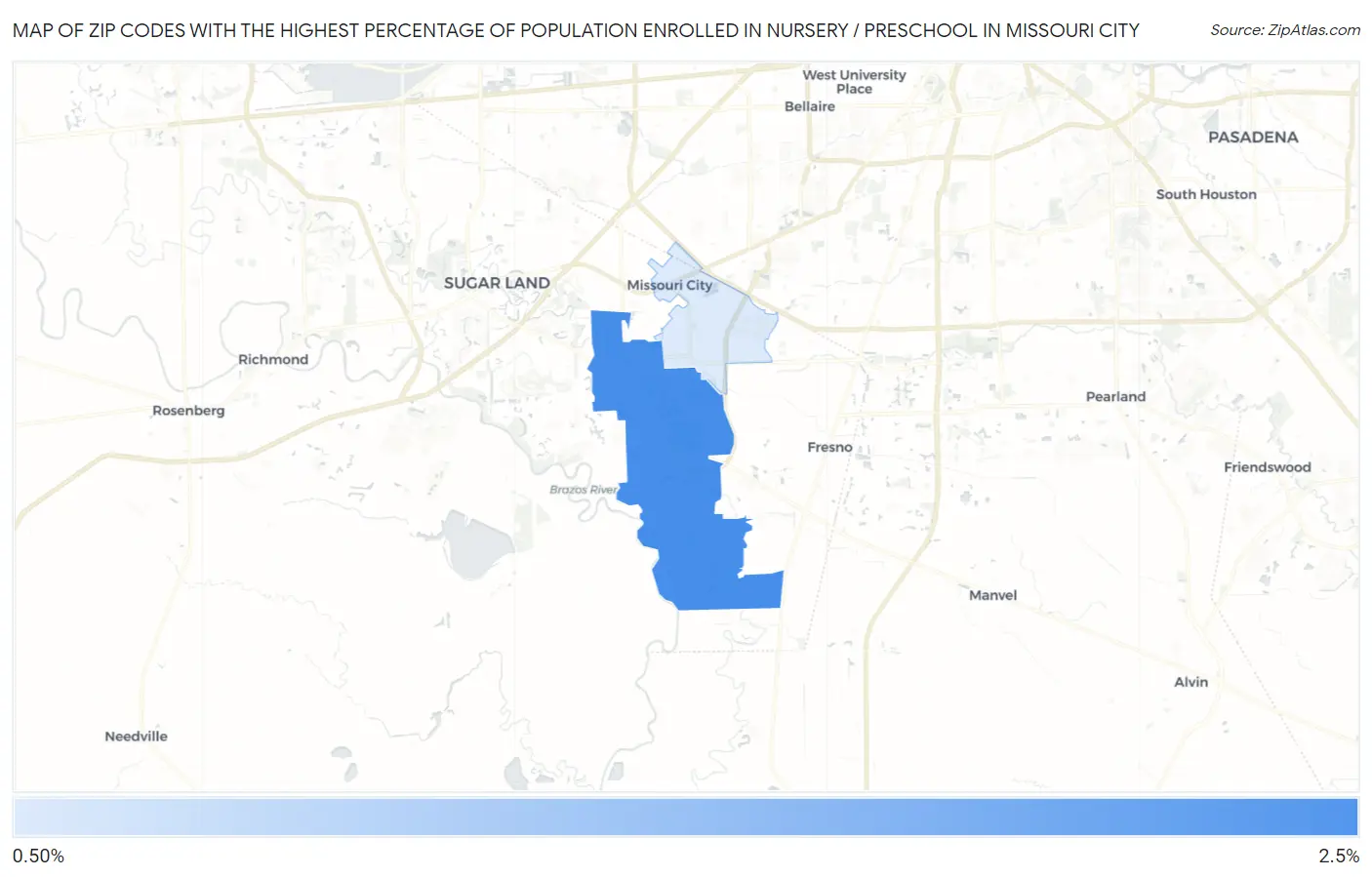 Zip Codes with the Highest Percentage of Population Enrolled in Nursery / Preschool in Missouri City Map
