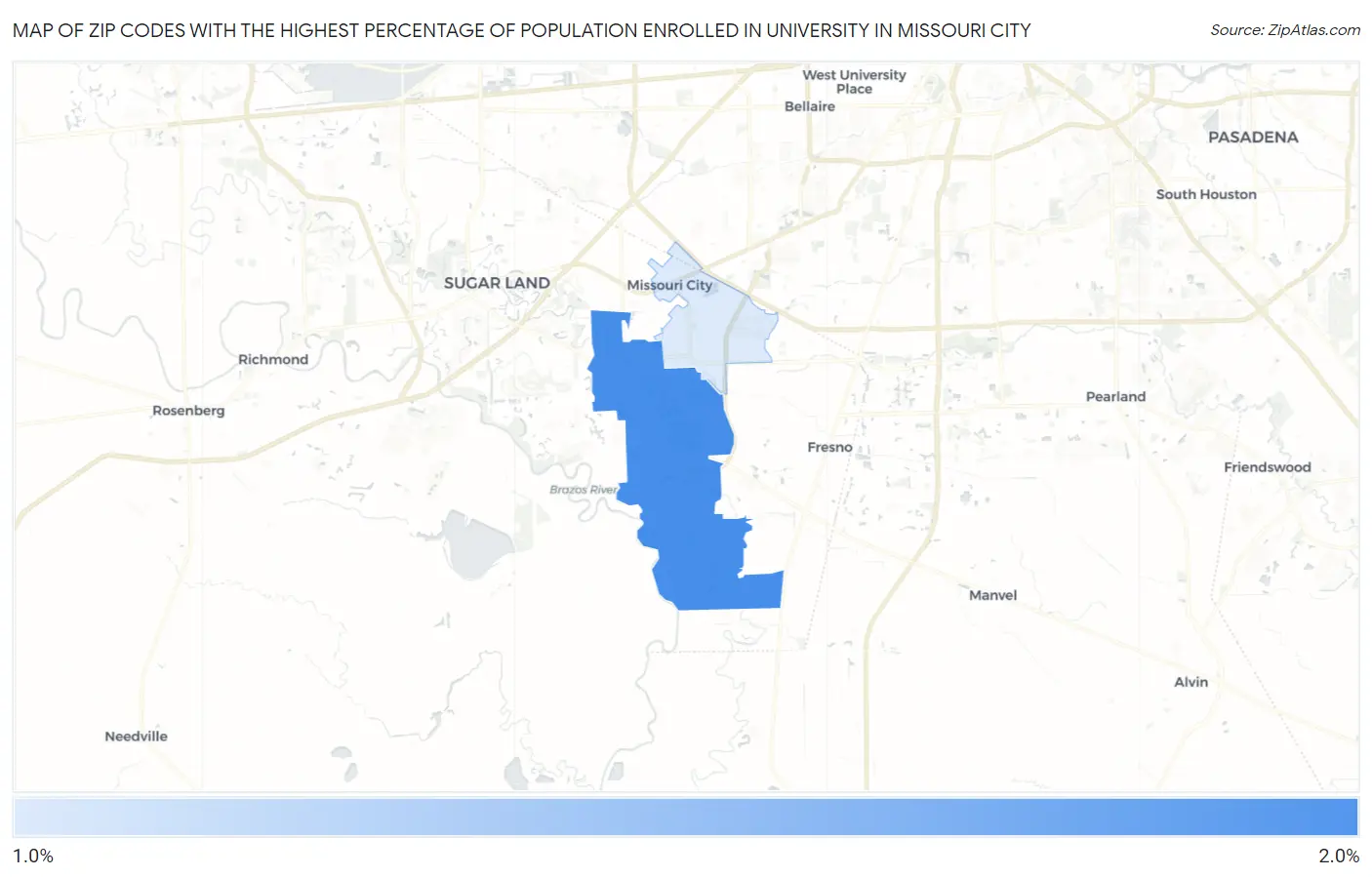 Zip Codes with the Highest Percentage of Population Enrolled in University in Missouri City Map