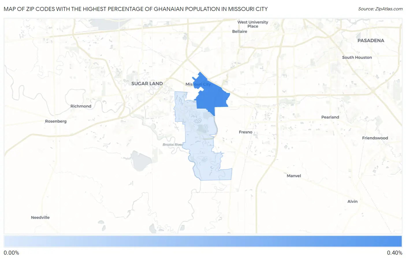 Zip Codes with the Highest Percentage of Ghanaian Population in Missouri City Map