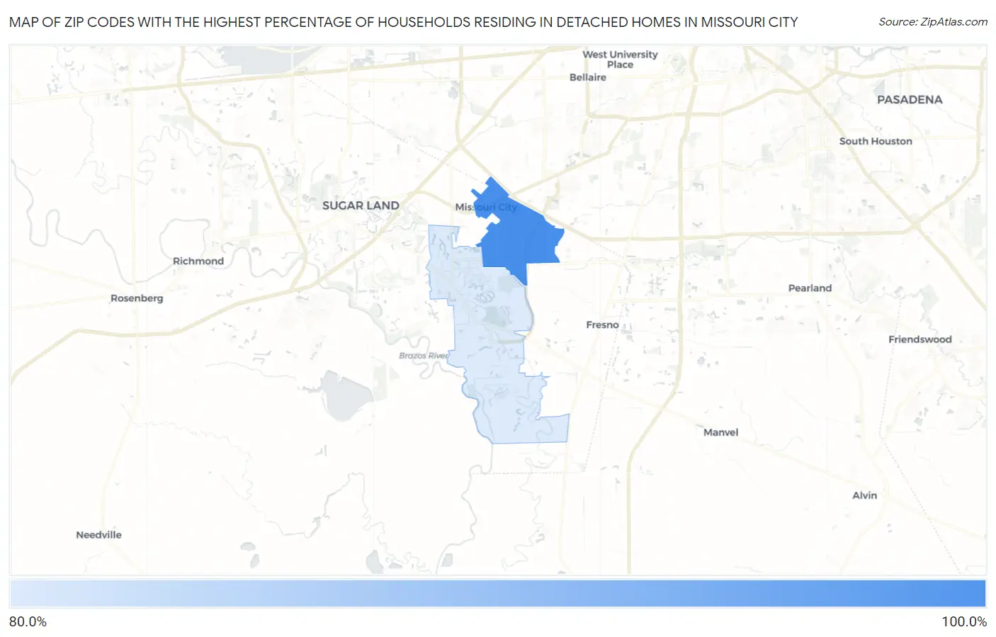 Zip Codes with the Highest Percentage of Households Residing in Detached Homes in Missouri City Map