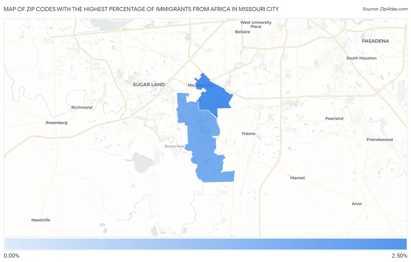 Zip Codes with the Highest Percentage of Immigrants from Africa in Missouri City Map