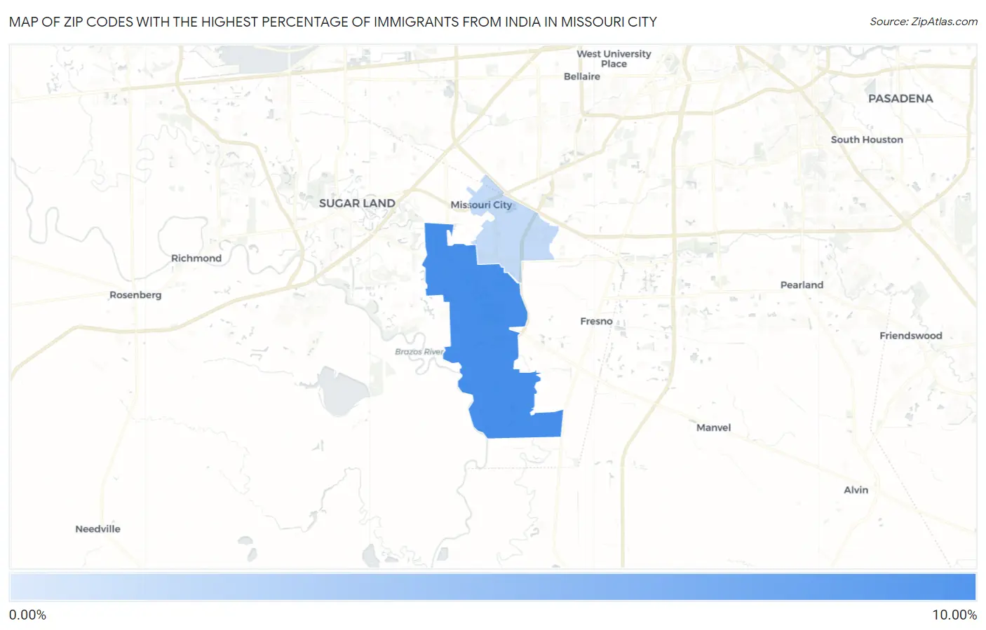 Zip Codes with the Highest Percentage of Immigrants from India in Missouri City Map