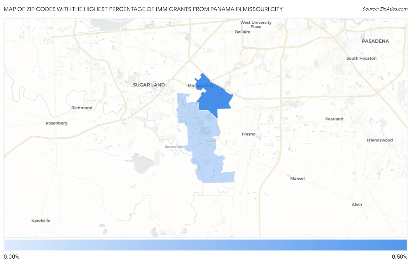 Zip Codes with the Highest Percentage of Immigrants from Panama in Missouri City Map