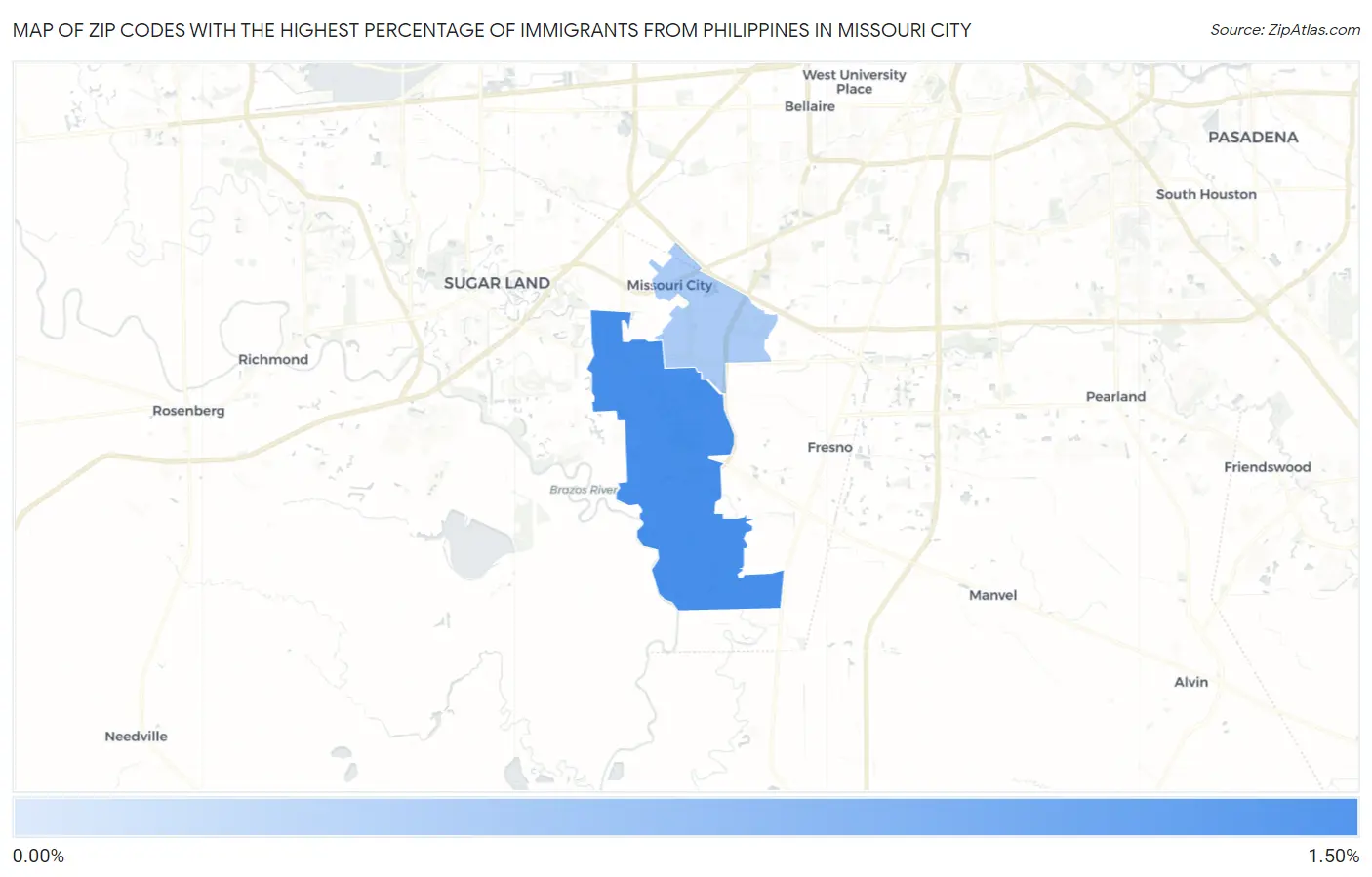 Zip Codes with the Highest Percentage of Immigrants from Philippines in Missouri City Map