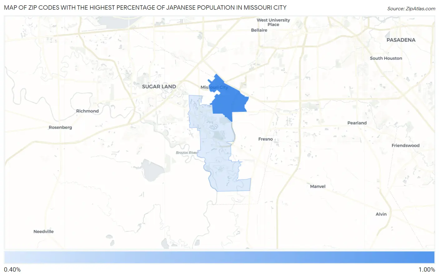 Zip Codes with the Highest Percentage of Japanese Population in Missouri City Map