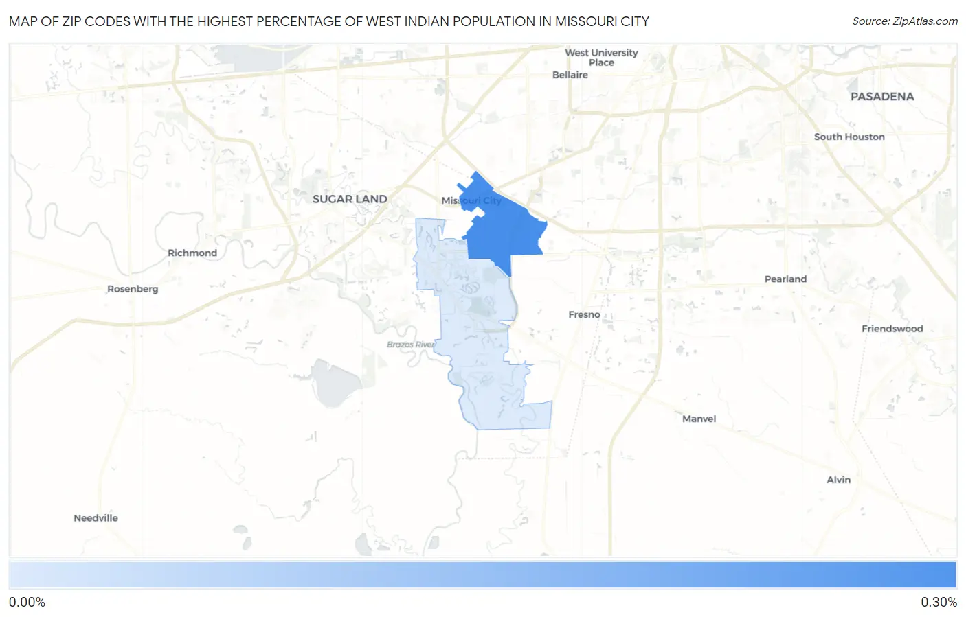 Zip Codes with the Highest Percentage of West Indian Population in Missouri City Map