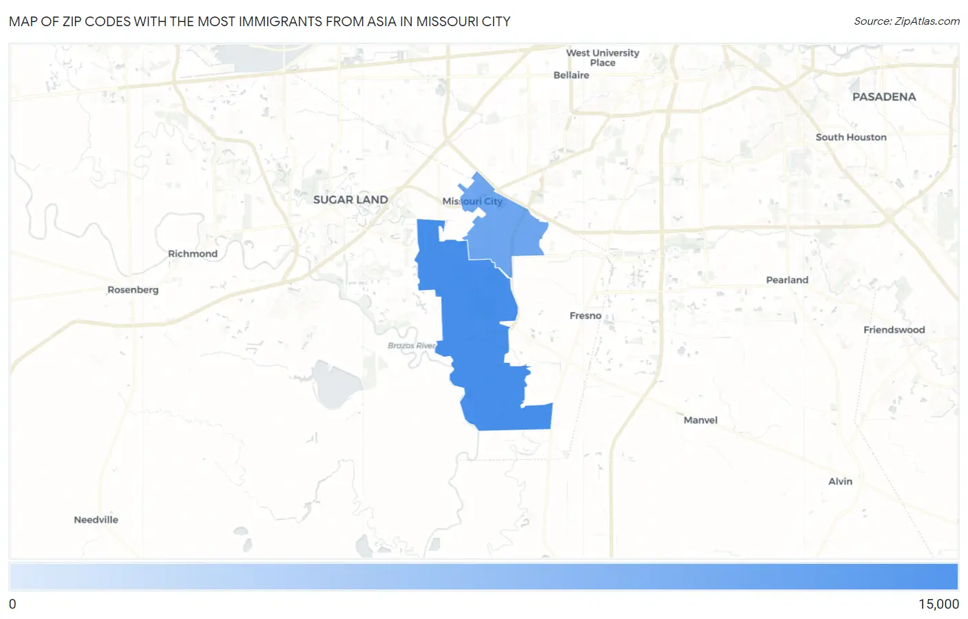 Zip Codes with the Most Immigrants from Asia in Missouri City Map