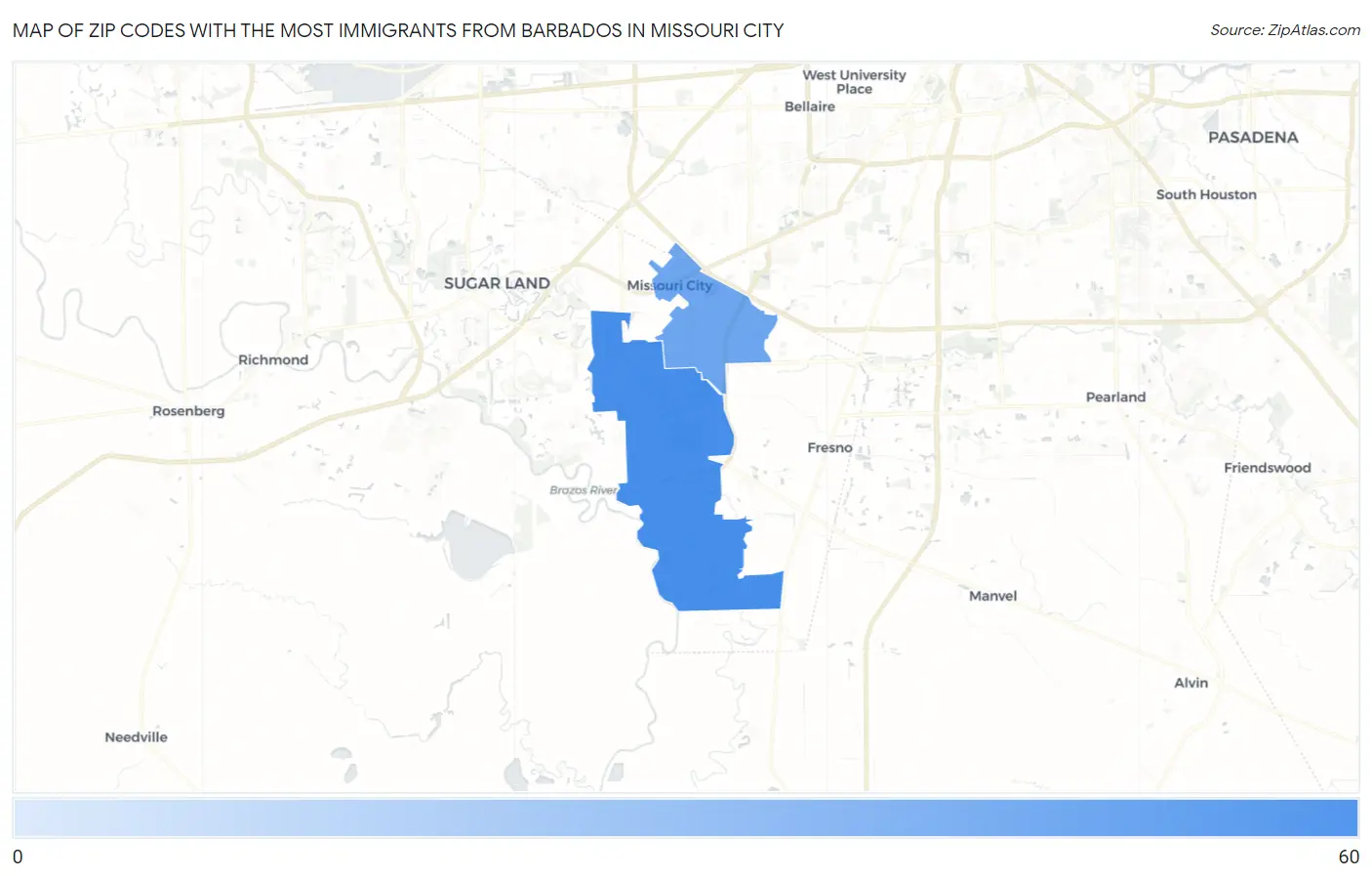 Zip Codes with the Most Immigrants from Barbados in Missouri City Map