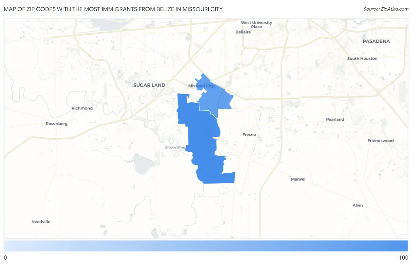 Zip Codes with the Most Immigrants from Belize in Missouri City Map