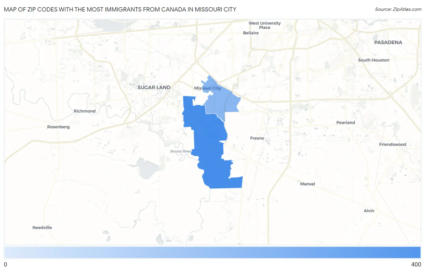 Zip Codes with the Most Immigrants from Canada in Missouri City Map