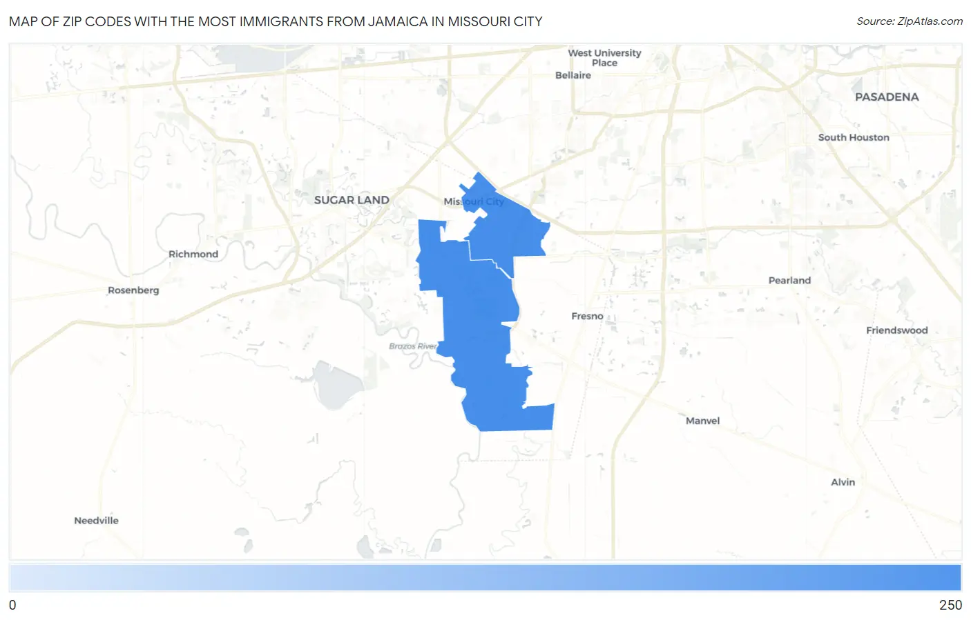 Zip Codes with the Most Immigrants from Jamaica in Missouri City Map