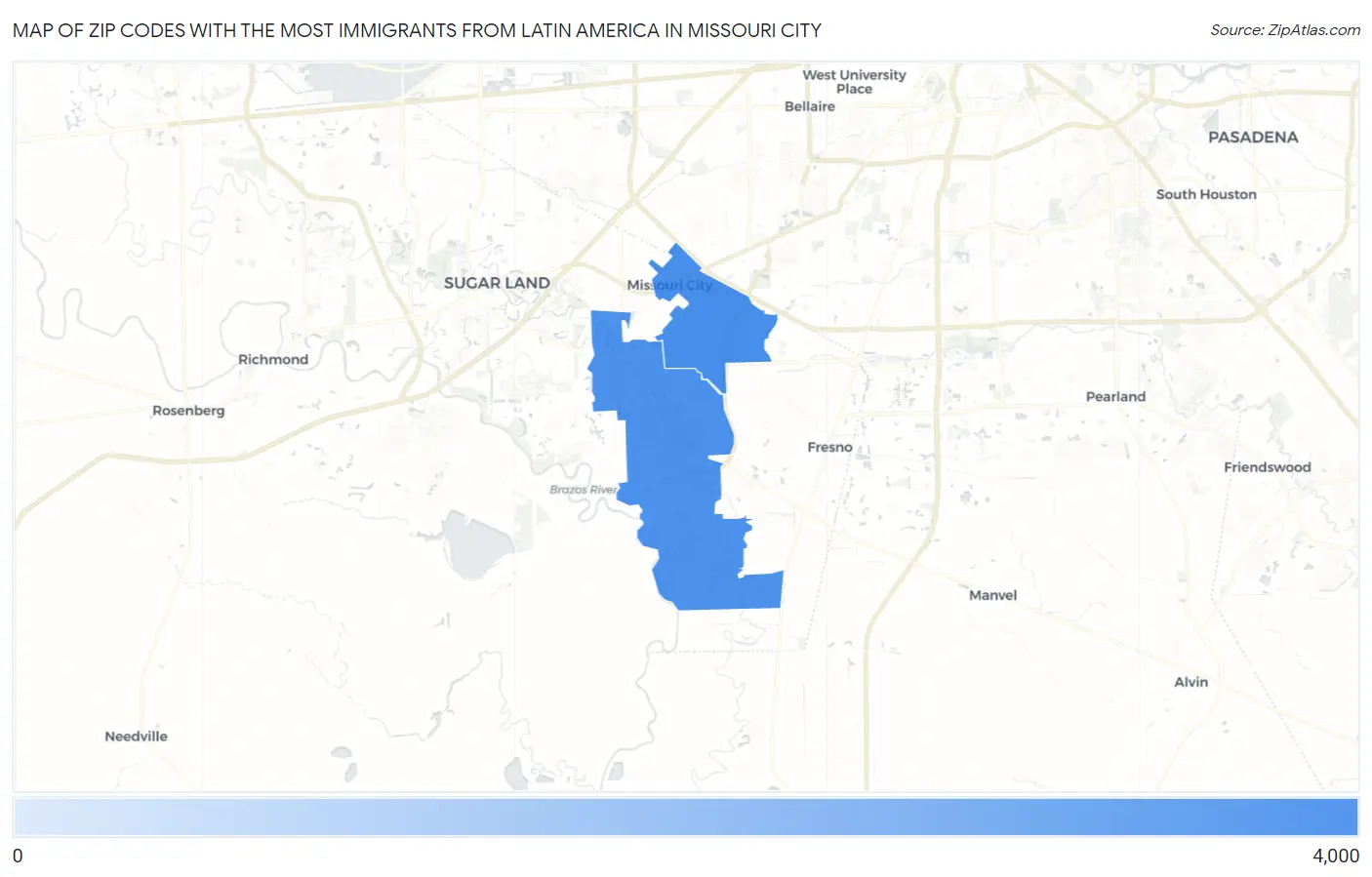 Zip Codes with the Most Immigrants from Latin America in Missouri City Map