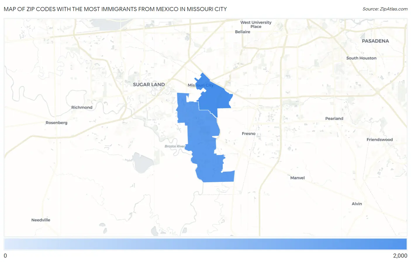 Zip Codes with the Most Immigrants from Mexico in Missouri City Map
