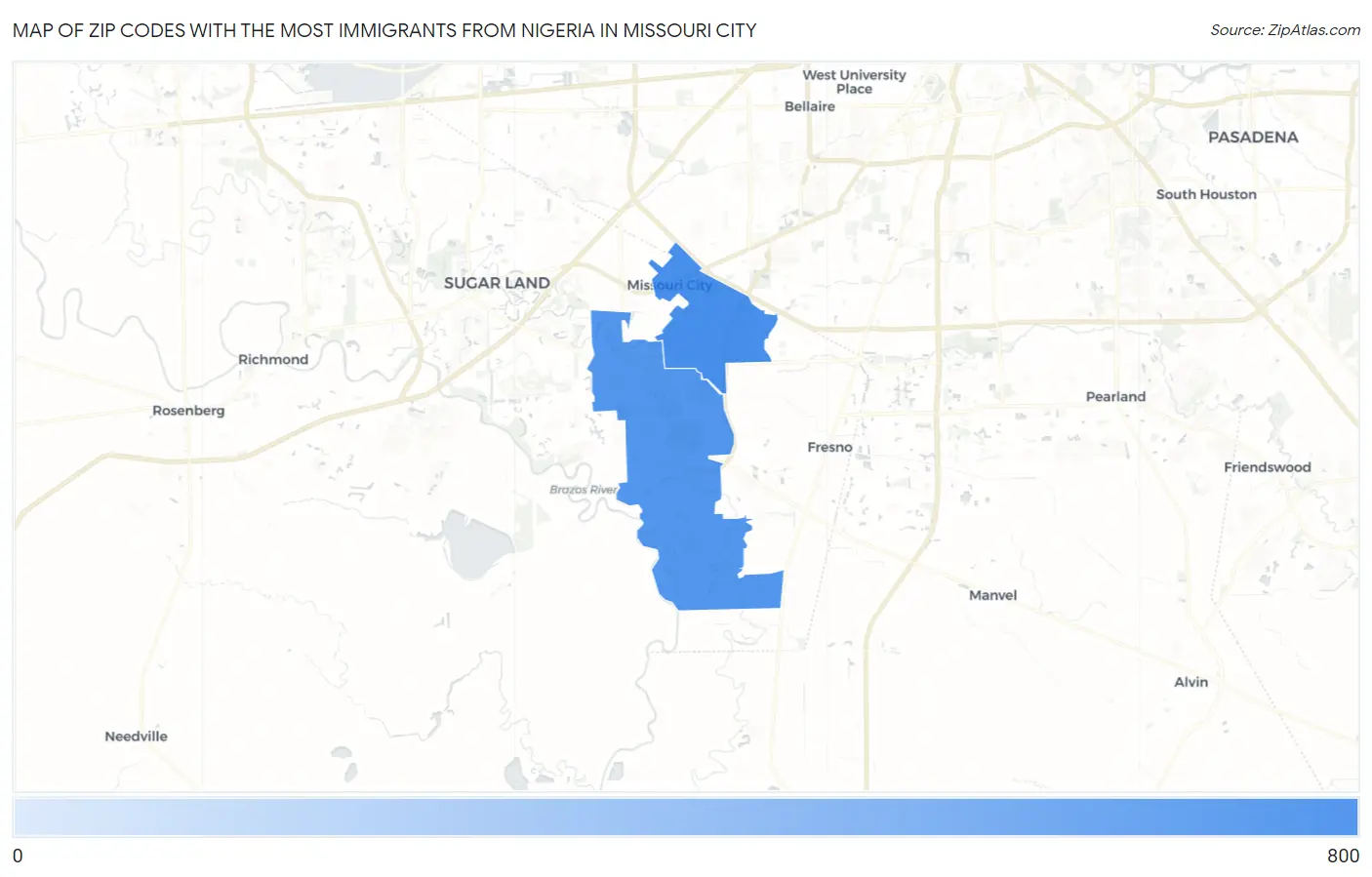 Zip Codes with the Most Immigrants from Nigeria in Missouri City Map