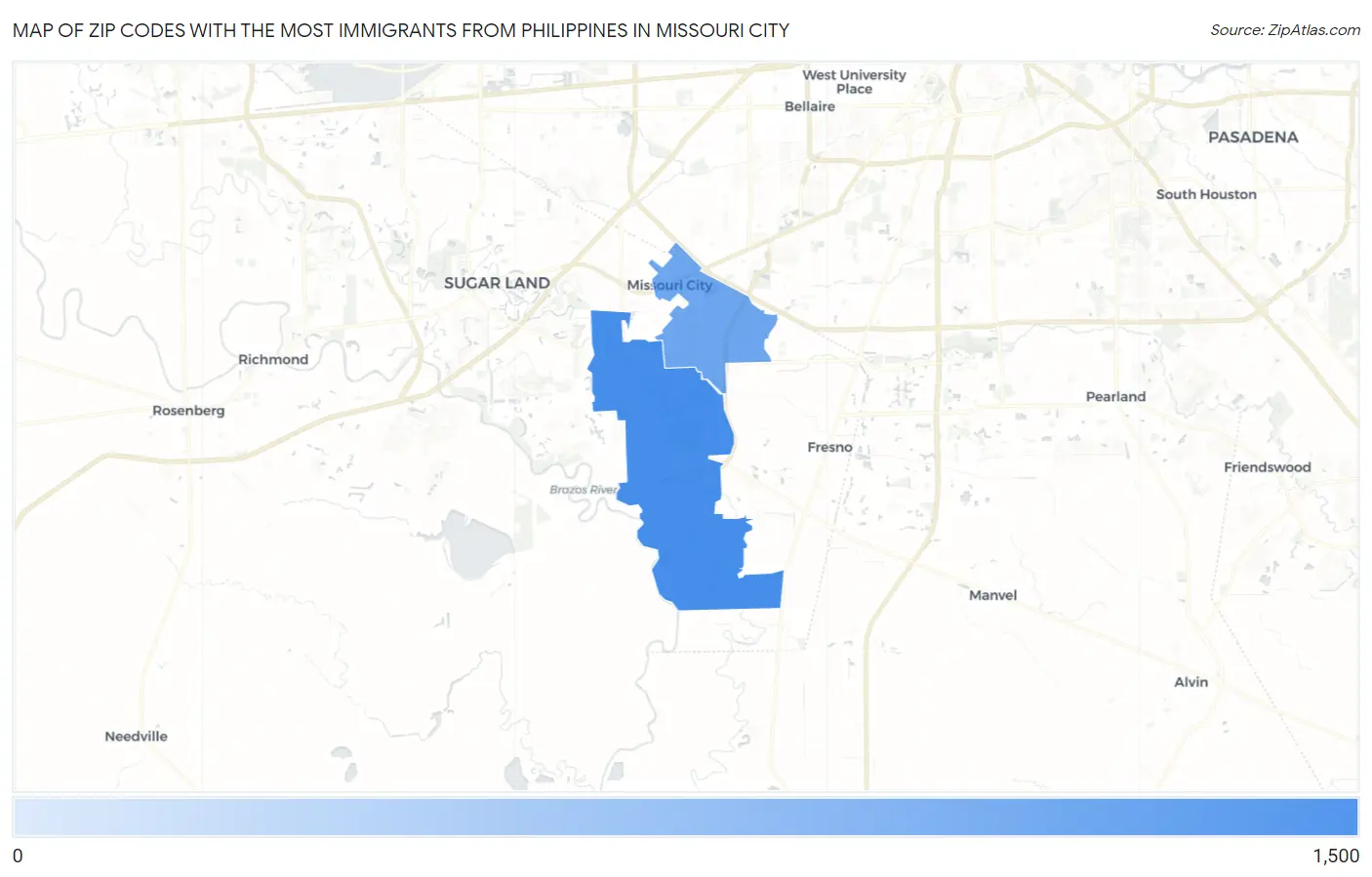 Zip Codes with the Most Immigrants from Philippines in Missouri City Map