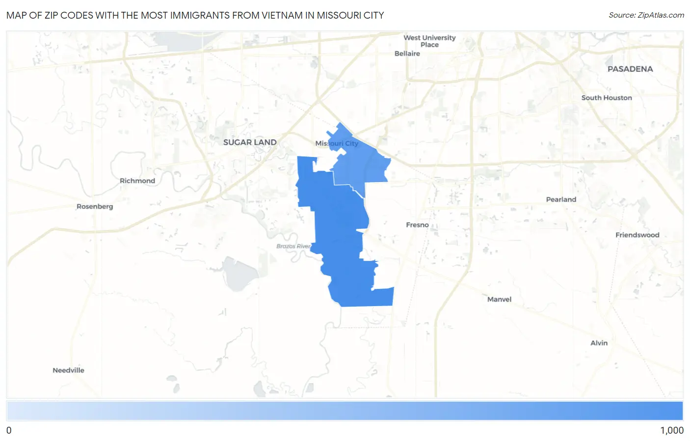 Zip Codes with the Most Immigrants from Vietnam in Missouri City Map