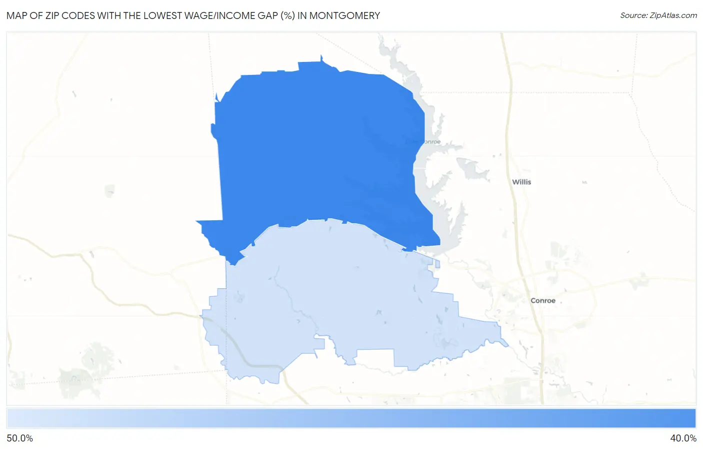Zip Codes with the Lowest Wage/Income Gap (%) in Montgomery Map