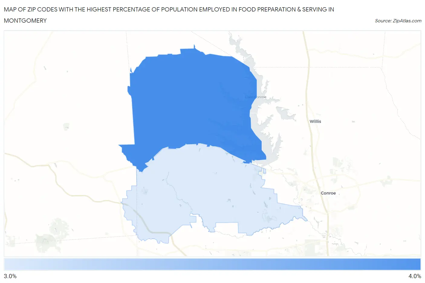 Zip Codes with the Highest Percentage of Population Employed in Food Preparation & Serving in Montgomery Map