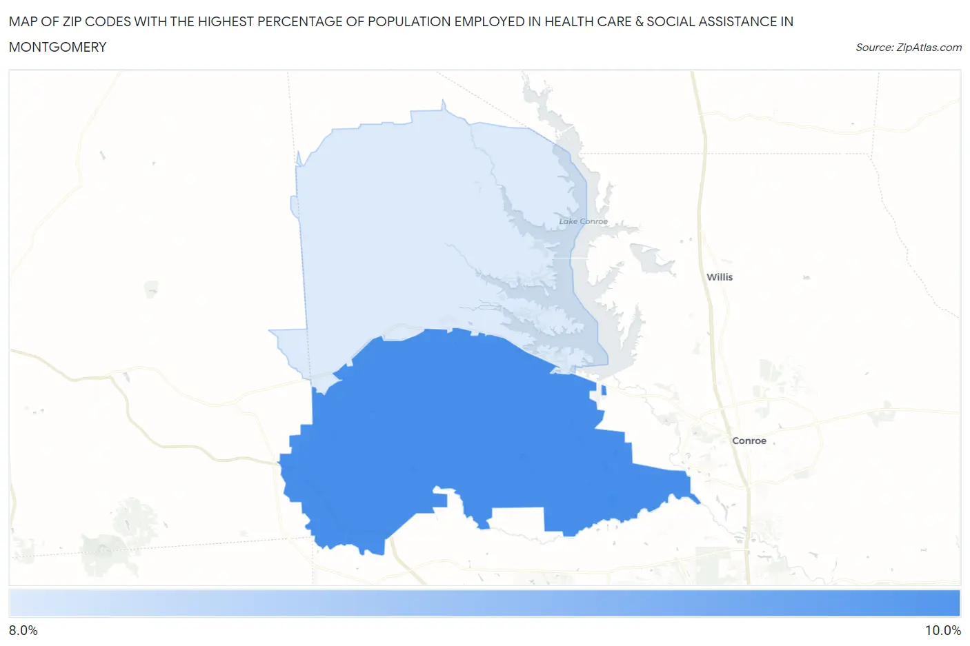 Zip Codes with the Highest Percentage of Population Employed in Health Care & Social Assistance in Montgomery Map